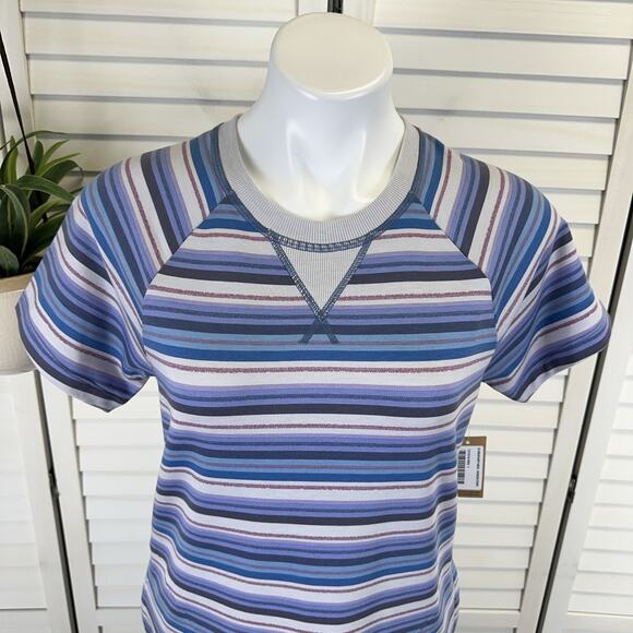 New Title Nine Hideaway Sweatshirt Dress Blue Horizon Stripe Short Sleeve Size S - Picture 3 of 12